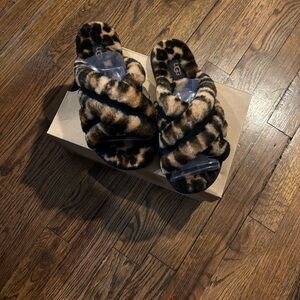 UGG Tan and Black Leopard Furry Slides